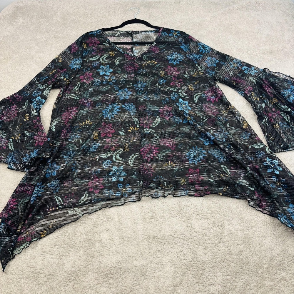 Dor Dor Couture Mesh Tunic Top Womens‎ 2XL Black Floral Bell Sleeve Whimsigoth